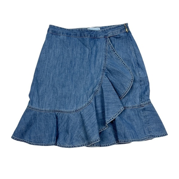 Draper James Blue Faux Wrap Chambray Asymmetrical Ruffle Mini Skirt - Picture 2 of 5